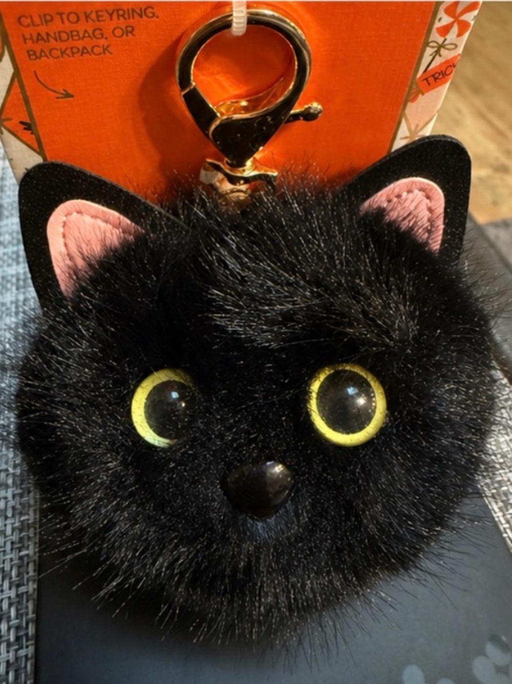 Piper Black Fuzzy Cat 🐈⬛Pom Bag Charm with Yellow Eyes🎃Halloween Fun - Picture 2 of 4